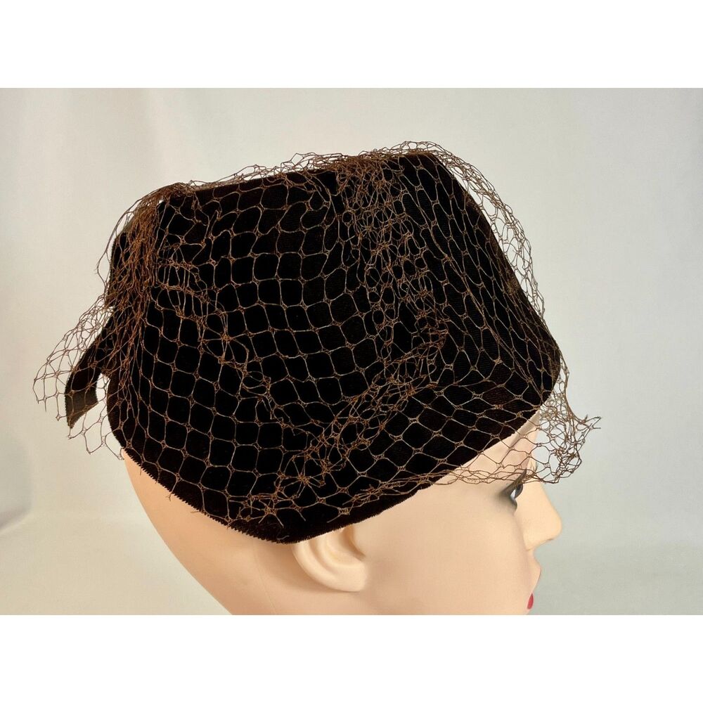 Vintage Women's Fascinator Brown Velour Hat Net - Picture 2 of 7